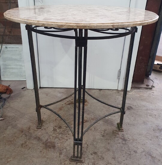 A WROUGHT IRON AND MARBLE TOP CENTRE TABLE