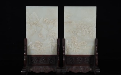 A Wonderful Pair Of White Jade 'Landscape& Figure' Table Screens With Imperial Poem Inscriptions