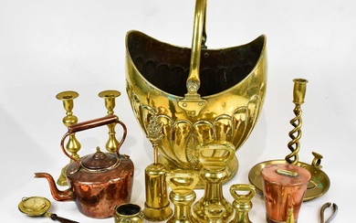 A collection of Victorian and later metalware including Avery weights,...