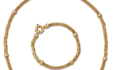 A continental necklace and bracelet, the necklace composed of alternate chevron and fancy bead link sections with ribbed dividers, length 43cm; and a matching bracelet, length 19cm, each stamped 750 (2)