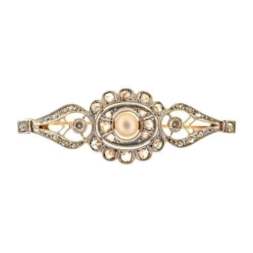 A diamond and cultured pearl bar brooch, millegrain set, in ...