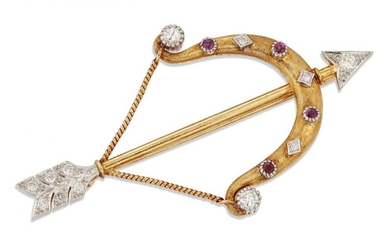 A diamond and ruby brooch, designed as a bow and arrow, the arrowhead and flights set with circular brilliant cut diamonds, the bow with ruby and diamond points and twist-design string, 6.6cm long, gross weight 14g