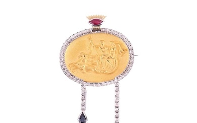 A gem-set plaque brooch-cum-pendant, the central oval plaque...