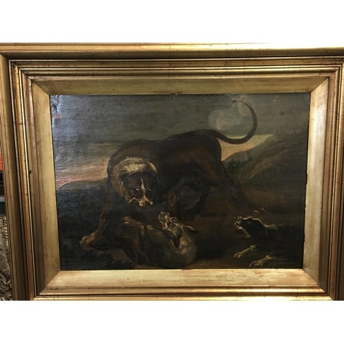 A gilt framed oil painting on board of fighting dogs unsigne...