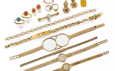 A group of jewellery, including: two lady's 9ct gold wristwatches, one signed Rotary, the other Technos; a cubic zirconia single stone brooch; a curb-link bracelet; a 9ct gold twin coin mount bracelet, 10.0g; a 9ct gold watch bracelet, 4.2g; an...