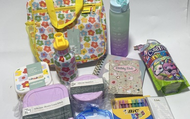 A group of lunch box/stationery item etc.
