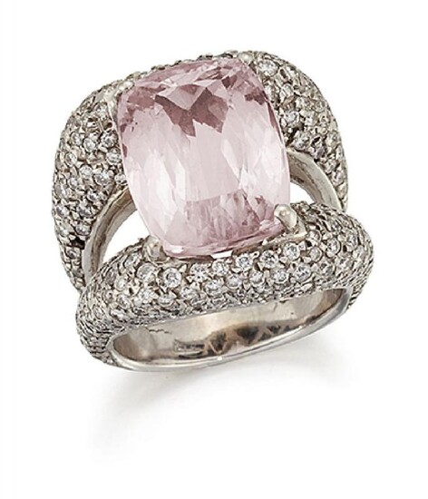 A kunzite and diamond ring, the cushion...