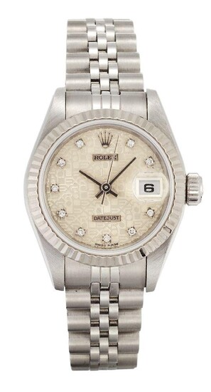 A lady's diamond-set stainless steel automatic wristwatch with jubilee dial, Datejust 31, by Rolex Ref. 178274, the silvered dial with repeated raised 'Rolex' pattern, diamond markers sweep seconds and date aperture at 3 o'clock, signed Rolex screw...
