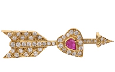 A late 20th century ruby and diamond heart and arrow brooch,...