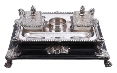 A late George III silver mounted ebonised wood inkstand by Samuel Roberts, George Cadman & Co.