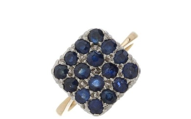 A mid 20th century 18ct gold and platinum sapphire cluster dress ring