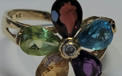 A multicolor semi-precious stones and diamond ring in 14k yellow...