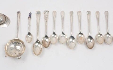 A novelty silver jockey cap caddy spoon, Sheffield, 1954, Atkin Bros, together with: a silver tea straining spoon, Sheffield, 1955, Cooper Brothers & Sons and a mixed small quantity of silver tea and coffee spoons, total weight approx. 6oz (a lot)