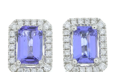 A pair of 18ct gold tanzanite and diamond rectangular cluster earrings.