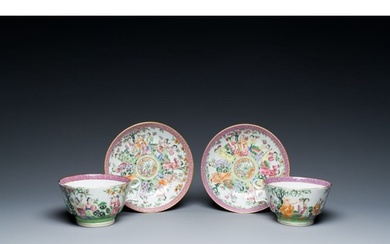 A pair of Chinese Canton famille rose cups and saucers, 19th...
