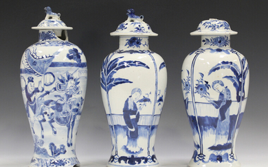 A pair of Chinese blue and white porcelain vases and covers, mark of Kangxi but late 19th century, e