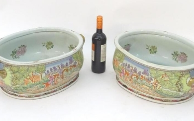 A pair of Chinese foot baths, the exterior decorated