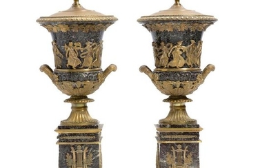 A pair of French marble campana form urn lamps