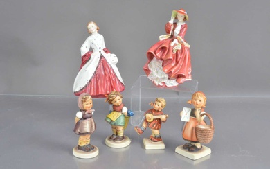 A pair of Royal Doulton figurines and four Goebel Hummel figures