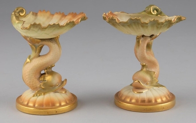 A pair of Royal Worcester blush ivory pedestal shell dishes 4 1/2 x 3 1/2 x 3 1/4 in. (11.43 x 8.89 x 8.26 cm.)