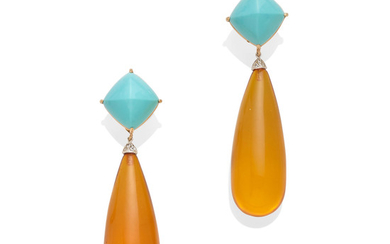 A pair of Turquoise and amber ear pendants