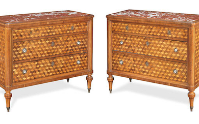 A pair of late 18th/ early 19th century tulipwood and fruitwood parquetry commodes