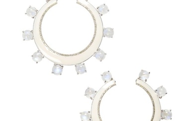 A pair of moonstone, diamond, enamel and silver earrings