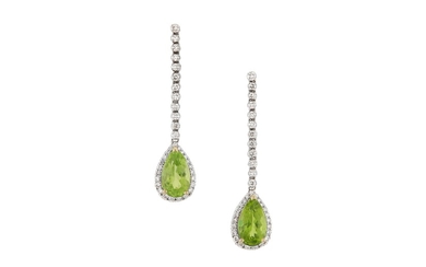 A pair of peridot and diamond pendent earrings