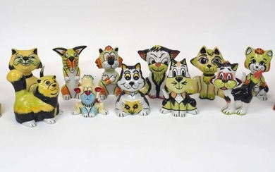 A quantity of Lorna Bailey pottery cats, 20th century and later, to include various designs with dark and lime green and yellow colour way, artist signature to bases, tallest 14cm high (13)