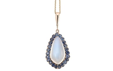A sapphire and moonstone pendant and chain