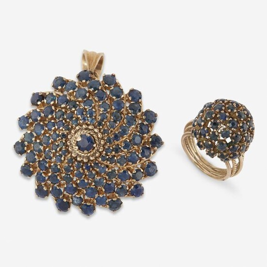 A sapphire pendant brooch and ring suite
