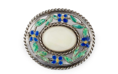 A silver and enamel Arts & Crafts style oval brooch,...