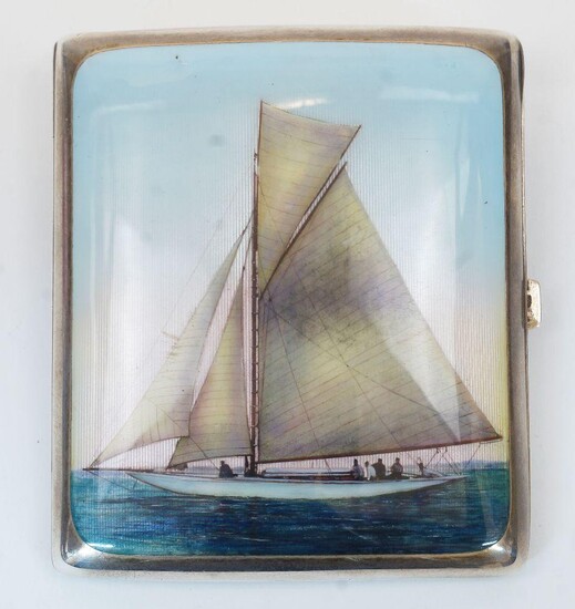 A silver and enamel cigarette case, marked 925, Birmingham import mark, probably Skinner & Co., the lid with enamel panel depicting a yacht at sea, approx. 8.1cm wide, 8.5cm deep, gross weight approx. 3.4oz (2)