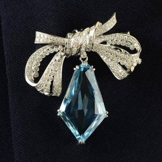 A vari-cut diamond bow brooch, suspending a fancy-shape aquamarine drop.Aquamarine weight