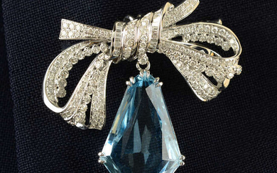 A vari-cut diamond bow brooch, suspending a fancy-shape aquamarine drop.
