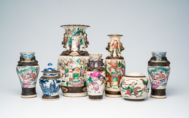 A varied collection of Chinese Nanking crackle glazed famille rose, verte, blue and white porcelain...