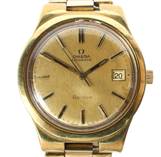 A vintage gents Omega Geneve automatic wristwatch, the gilt dial with batons denoting hours