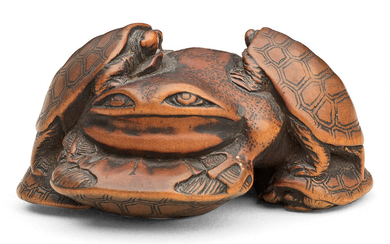 A wood netsuke of terrapins and a frog