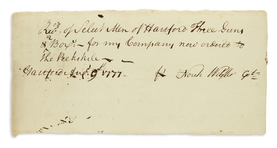 (AMERICAN REVOLUTION--1777.) Webster, Noah. Receipt for guns issued to his militia company en...