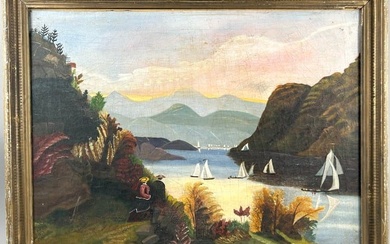 AMERICAN SCHOOL (19th Century,), Primitive Hudson River landscape., Oil on canvas, 18" x 24". Framed