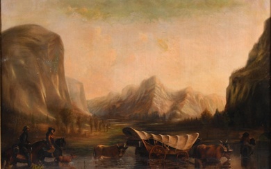 AMERICAN SCHOOL , MID-19TH CENTURY, WESTERN SCENE WITH COVERED WAGON CROSSING A RIVER, Oil on canvas, 30 x 35 in. (76.2 x 88.9 cm.), Frame: 38 x 43 in. (96.5 x 109.2 cm.)