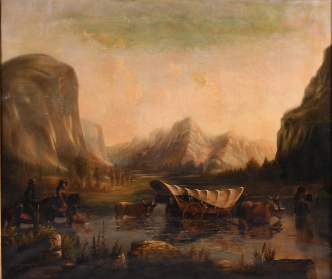 AMERICAN SCHOOL, MID-19TH CENTURY, WESTERN SCENE WITH COVERED WAGON CROSSING A RIVER, Oil on canvas, 30 x 35 in. (76.2 x 88.9 cm.), Frame: 38 x 43 in. (96.5 x 109.2 cm.)
