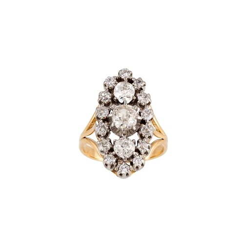 AN ANTIQUE DIAMOND CLUSTER RING, boat shaped, set with old c...