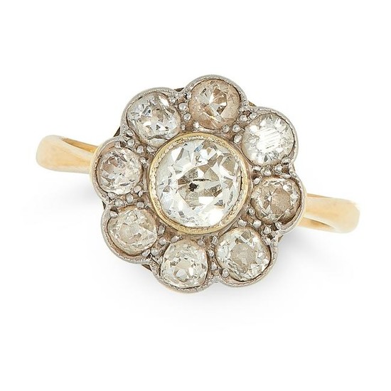 AN ANTIQUE DIAMOND CLUSTER RING in 18ct yellow gold