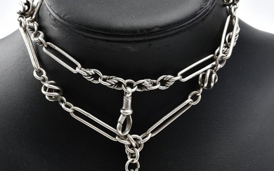 AN ANTIQUE FANCY LINK FOB CHAIN IN STERLING SILVER