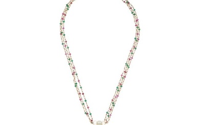 AN ANTIQUE PERSIAN JADE, RUBY, EMERALD AND PEARL PENDANT NECKLACE the Persian jade pendant inlaid...