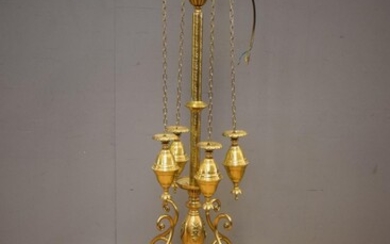 AN ANTIQUE VICTORIAN BRASS FOUR BRANCH CHANDELIER WITH GLASS SHADES (135H X 70D APPROX CM)