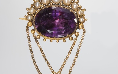 ANTIQUE AMETHYST AND PEARL BROOCH PENDANT. Testing gold. Set...