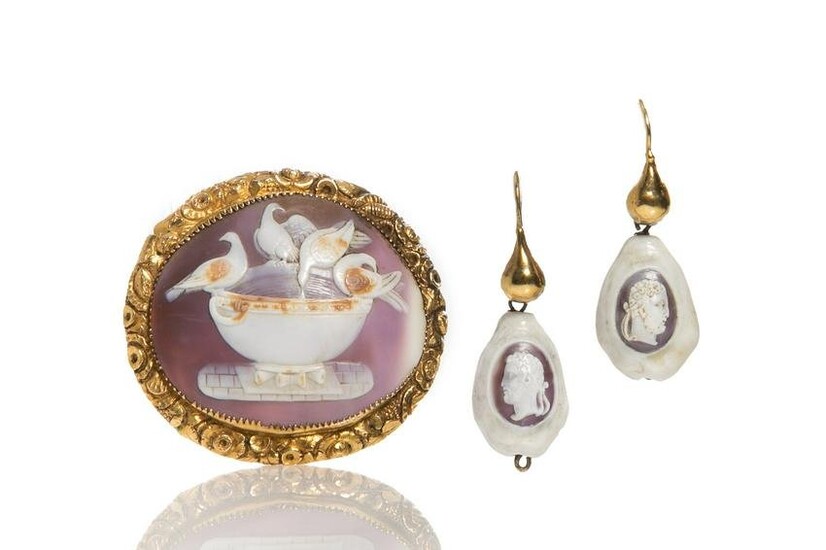 ANTIQUE CAMEO PIN & SHELL EARRINGS