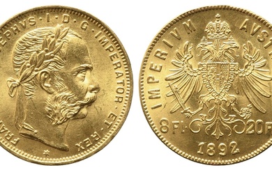 AUTRICHE. François-Joseph (1848-1916). 8 Florins/20 Francs 1892. Au (6,45g). SPL+